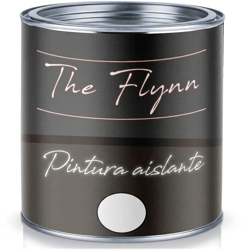 Bote de pintura marrón oscuro 'The Flynn Isolierfarbe' con muestra de color blanco.