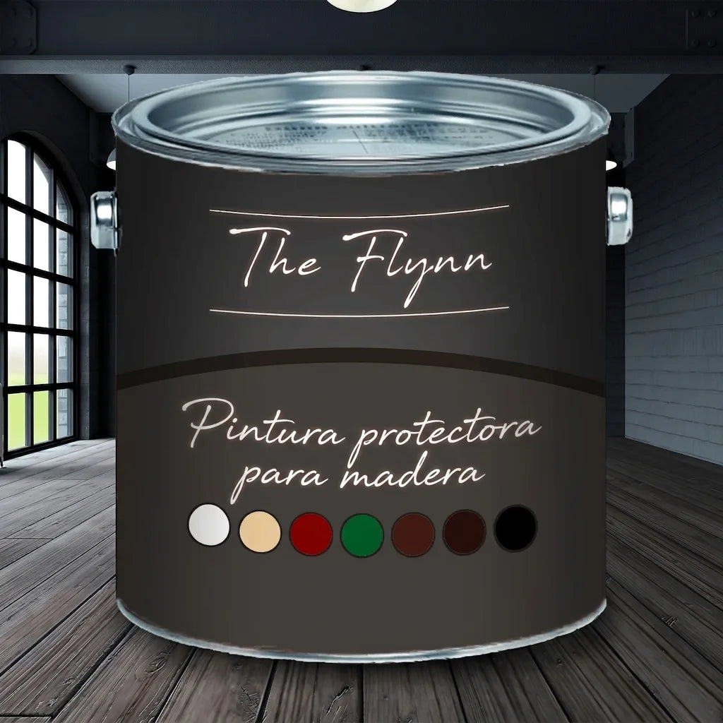 Bote de pintura protectora de madera The Flynn en un ambiente moderno, mostrando varias opciones de color.