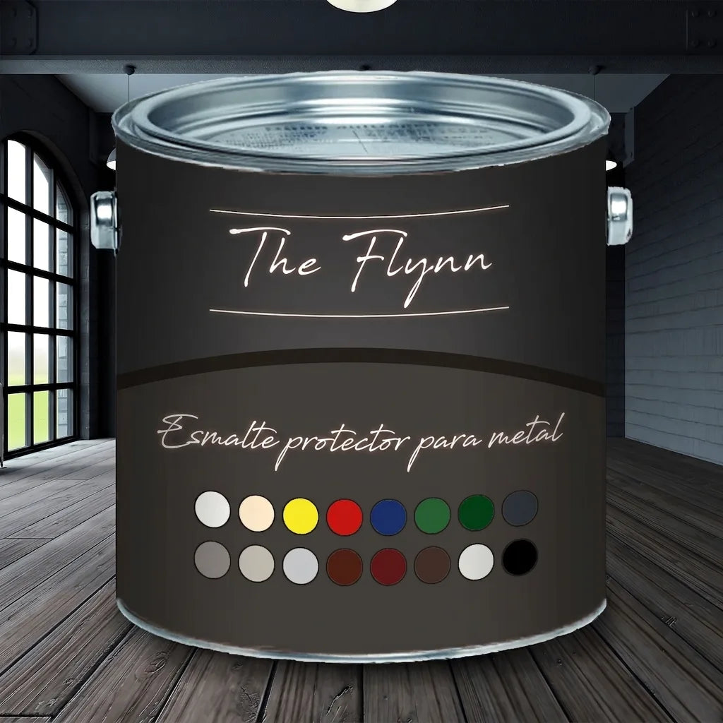 Envase de pintura protectora para metal The Flynn con 16 muestrarios de color en interior industrial.
