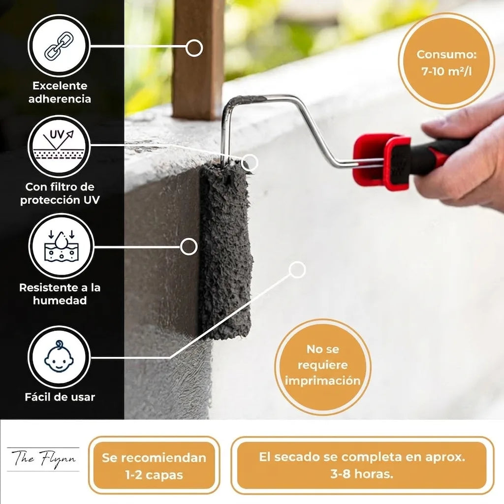 Sellador gris aplicado con rodillo. Texto: alta adherencia, protección UV, humedad, fácil uso, sin imprimación, secado rápido.