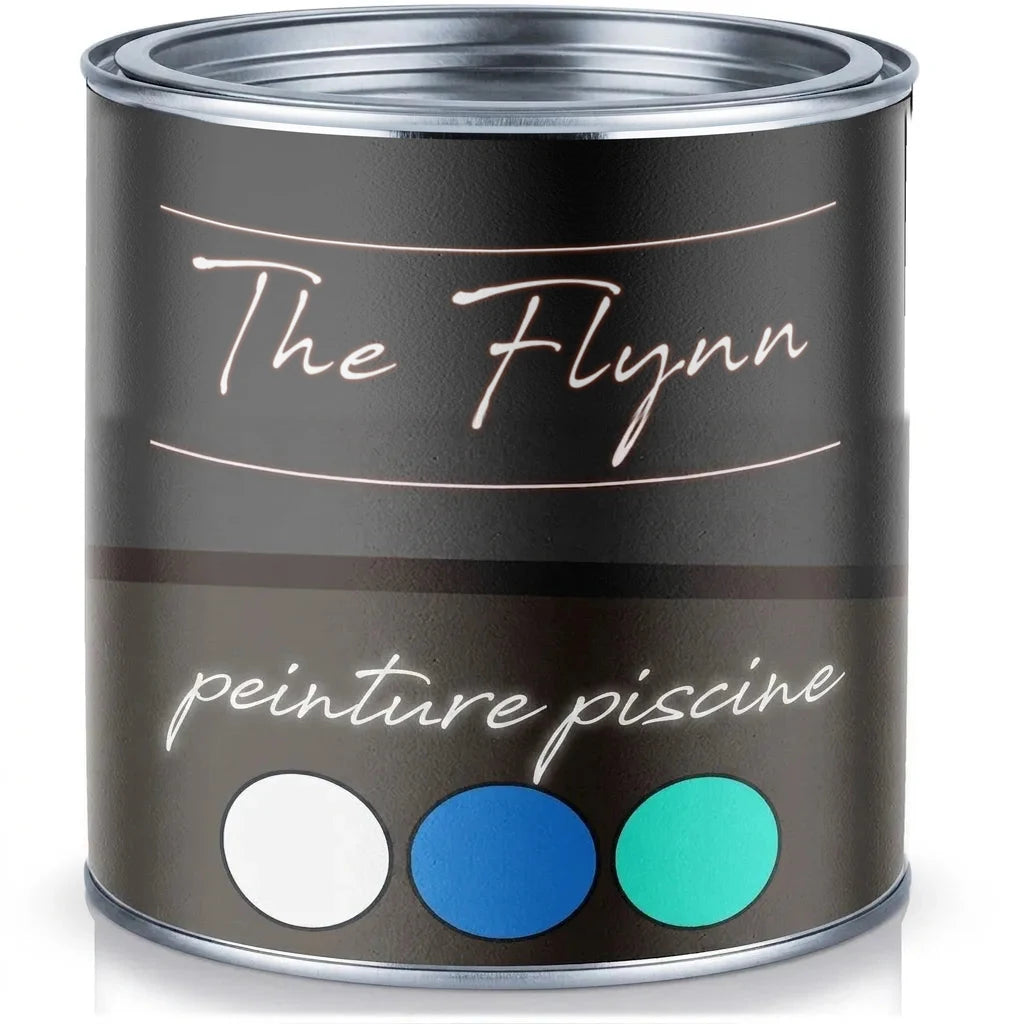 Pot de peinture noir The Flynn pour piscine, avec échantillons de couleurs blanc, bleu et vert turquoise.