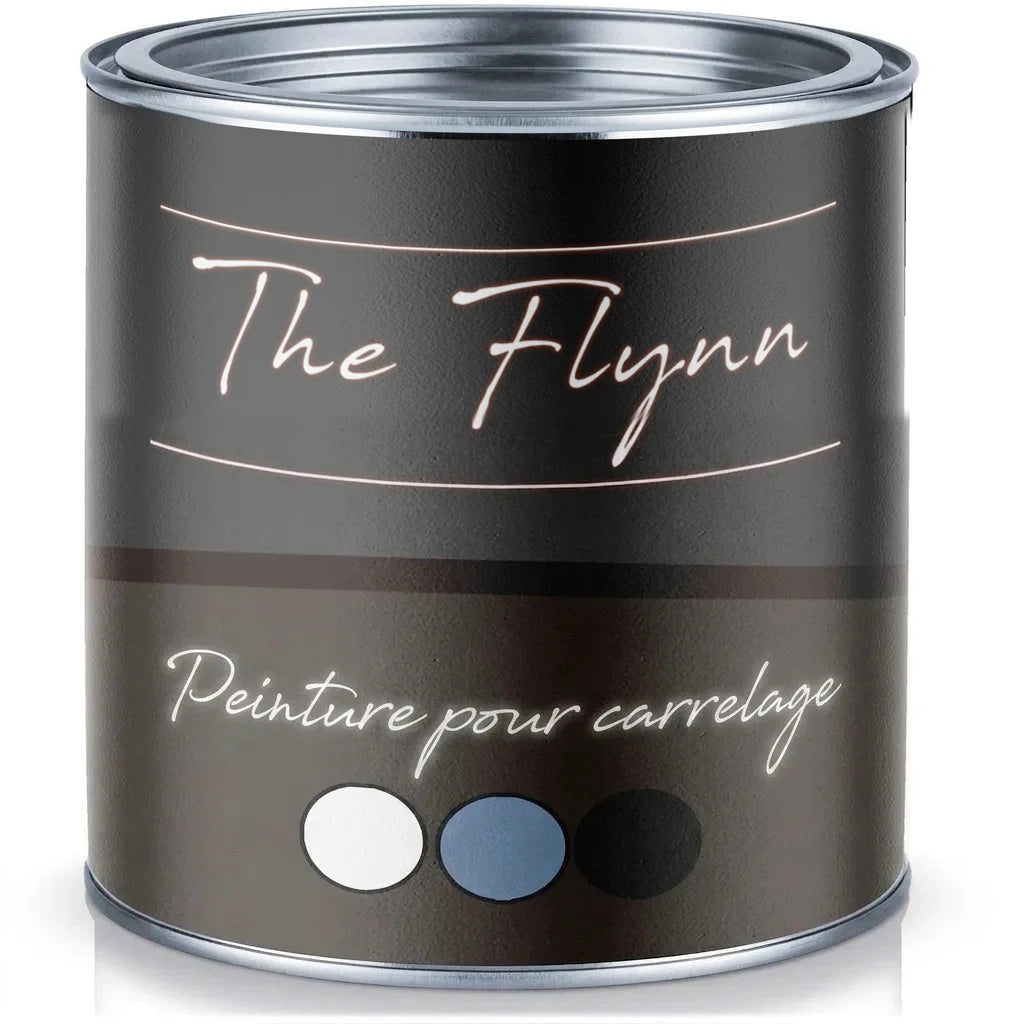 Pot de peinture The Flynn, laque pour carrelage, avec des échantillons de couleurs (blanc, bleu, noir).