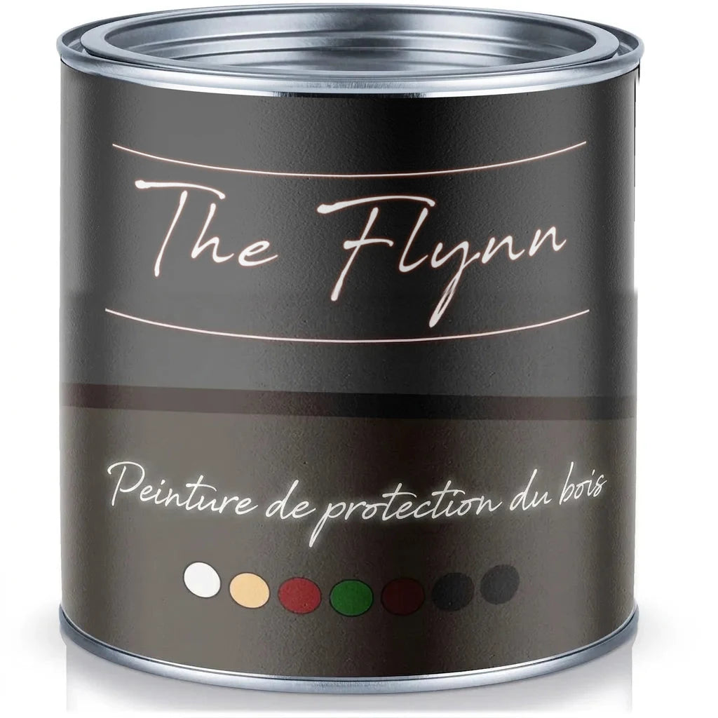 Pot de peinture The Flynn 'Holzschutzfarbe' (peinture de protection bois) avec échantillons de couleurs.