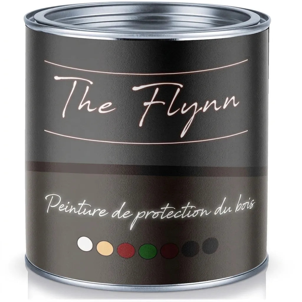 Pot de peinture The Flynn 'Holzschutzfarbe' (peinture de protection bois) avec échantillons de couleurs.