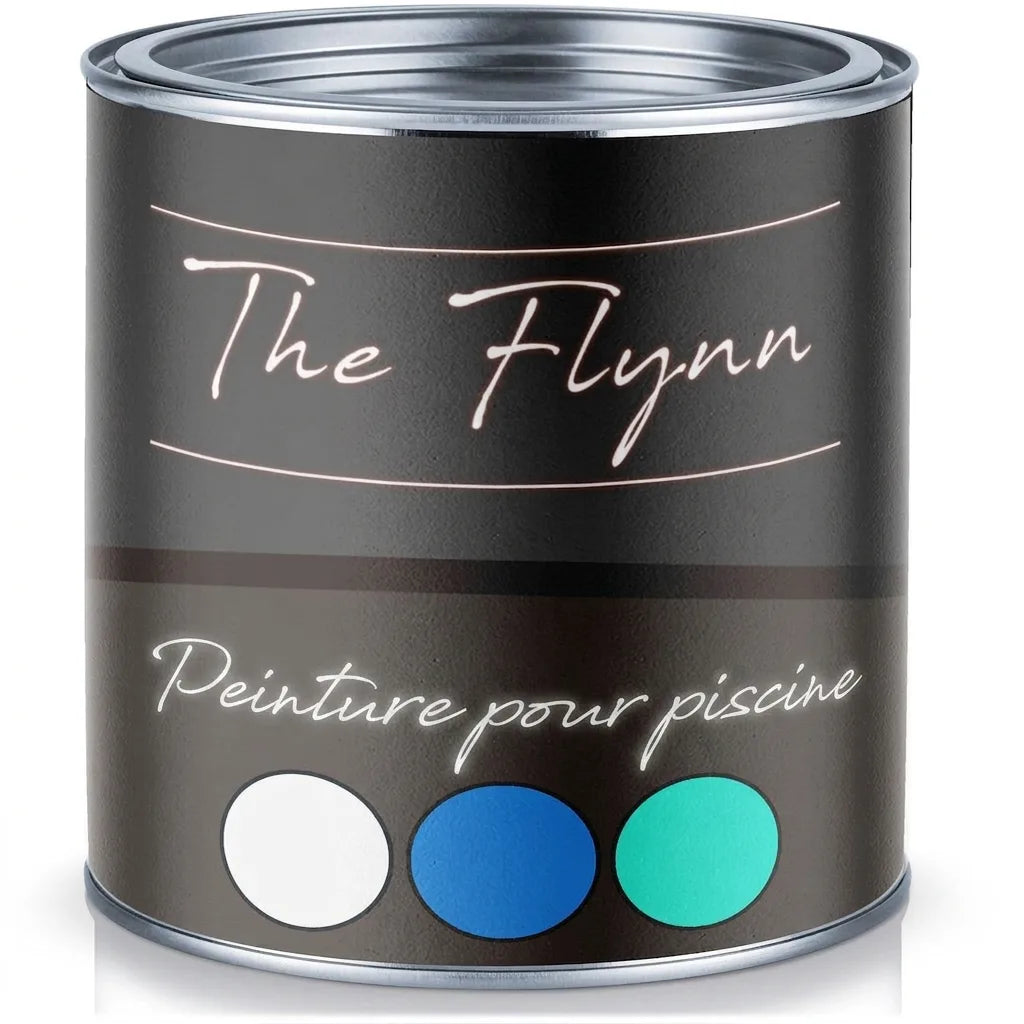 Pot de peinture noir The Flynn pour piscines, avec échantillons de couleur blanc, bleu et turquoise.