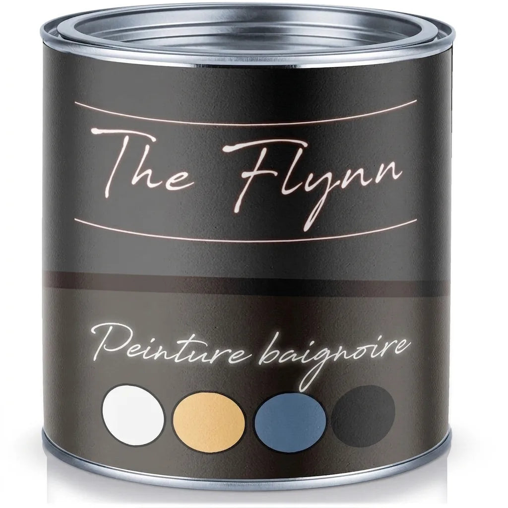 Pot de peinture noir mat The Flynn pour baignoire avec échantillons de couleurs blanc, beige, bleu, noir.