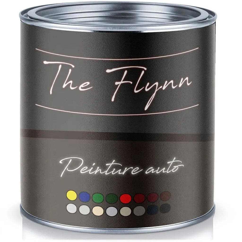Pot de peinture The Flynn Autolack gris foncé avec couvercle argenté et nuancier de couleurs variées sur l'étiquette.