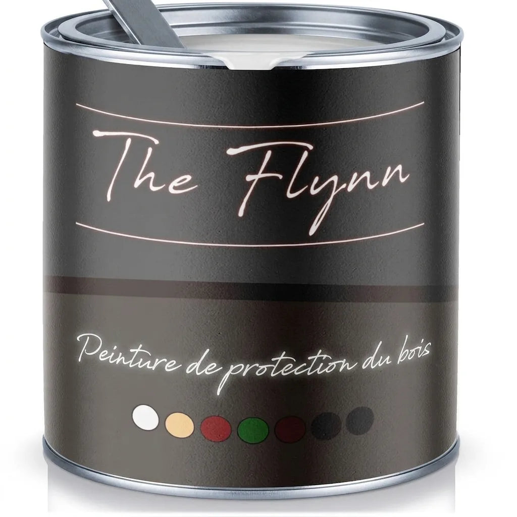 Pot de peinture noir mat 'The Flynn' pour la protection du bois, avec des échantillons de couleur.