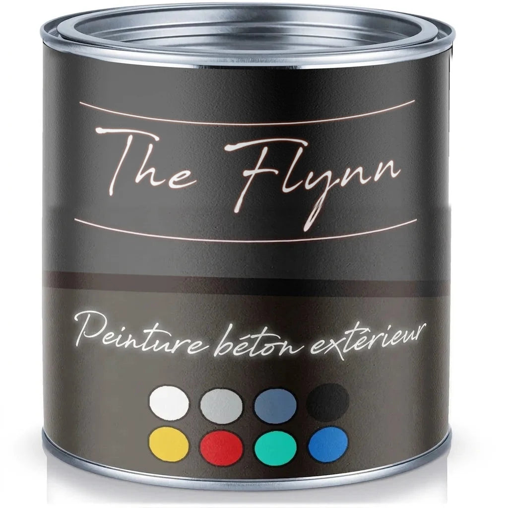 Pot de peinture noir The Flynn pour béton avec nuancier de couleurs vives et neutres.