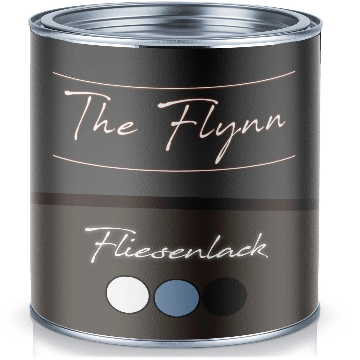 Pot de peinture The Flynn, laque pour carrelage, avec des échantillons de couleurs (blanc, bleu, noir).