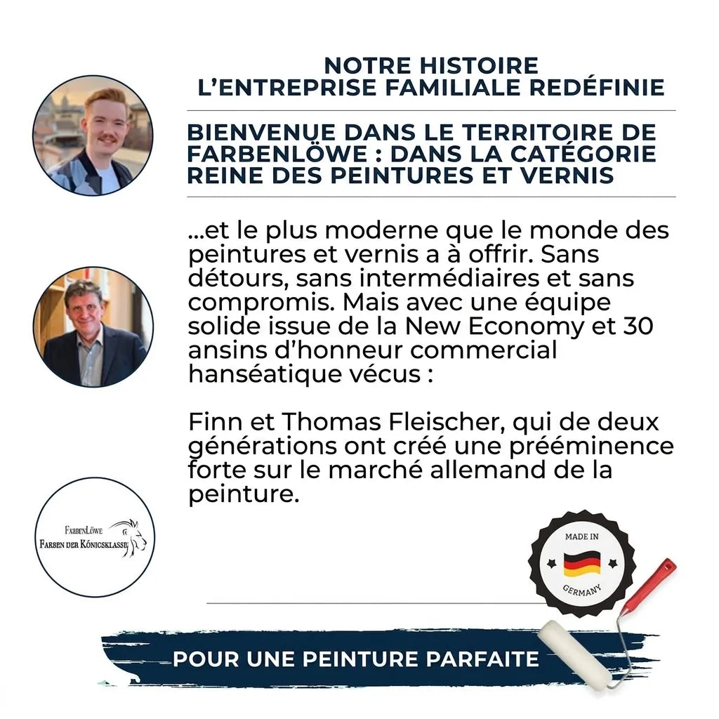 Publicité Farbenlöwe avec photos de Finn et Thomas Fleischer, texte sur l'histoire et la qualité des peintures Made in Germany.