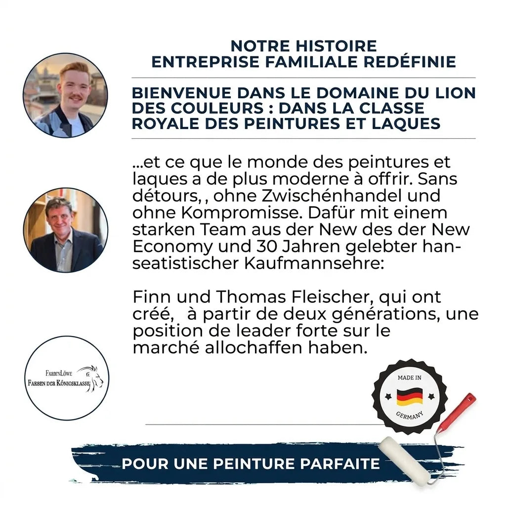 Une publicité allemande de FarbenLöwe présentant les portraits de Finn et Thomas Fleischer, l'histoire de leur entreprise familiale de peint