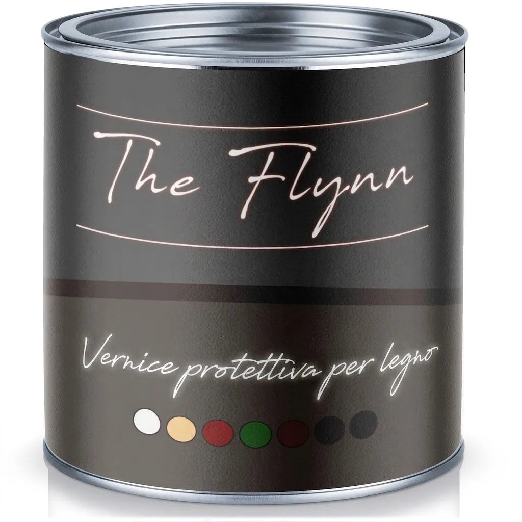Barattolo di vernice protettiva per legno The Flynn con campioni di colore.