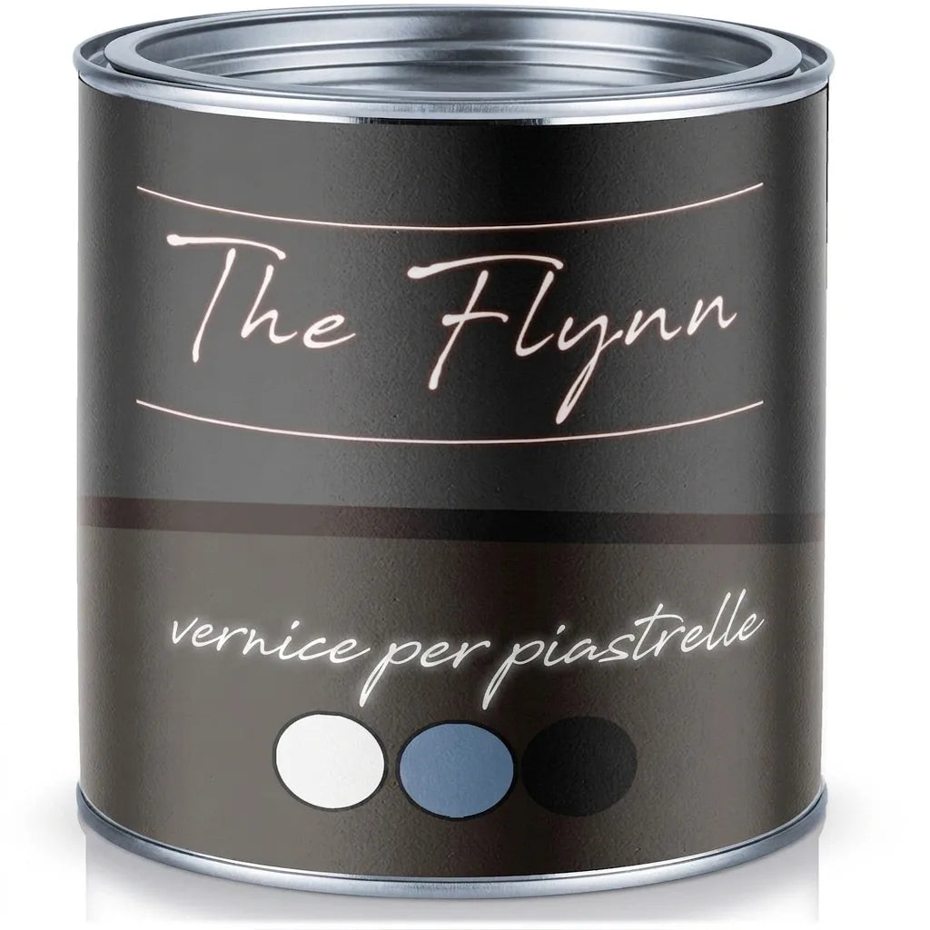 Lattina di smalto per piastrelle nero The Flynn Fliesenlack, con campioni colore bianco, blu e nero.