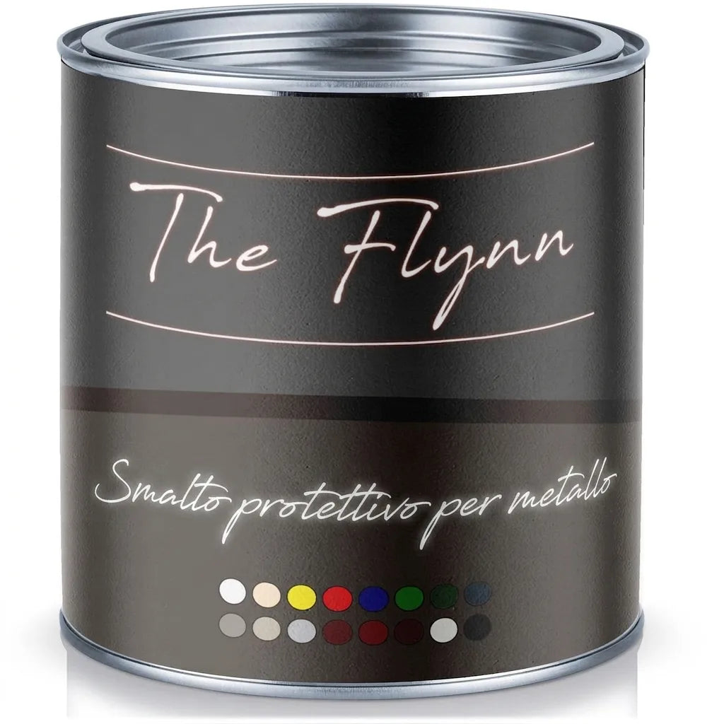 Lattina di vernice protettiva per metallo The Flynn con campioni di colore.
