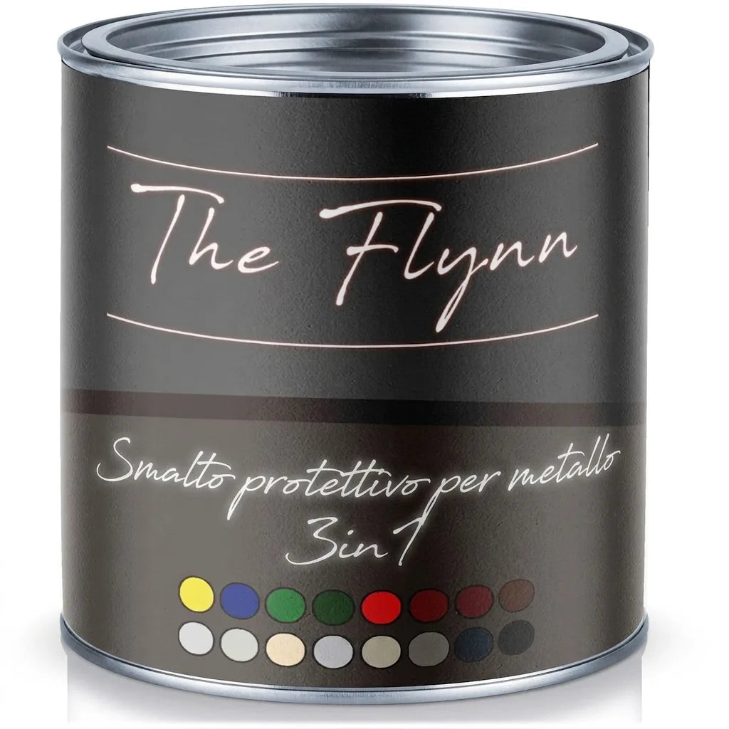 Lattina di vernice protettiva per metallo nera The Flynn 3in1 con palette colori.