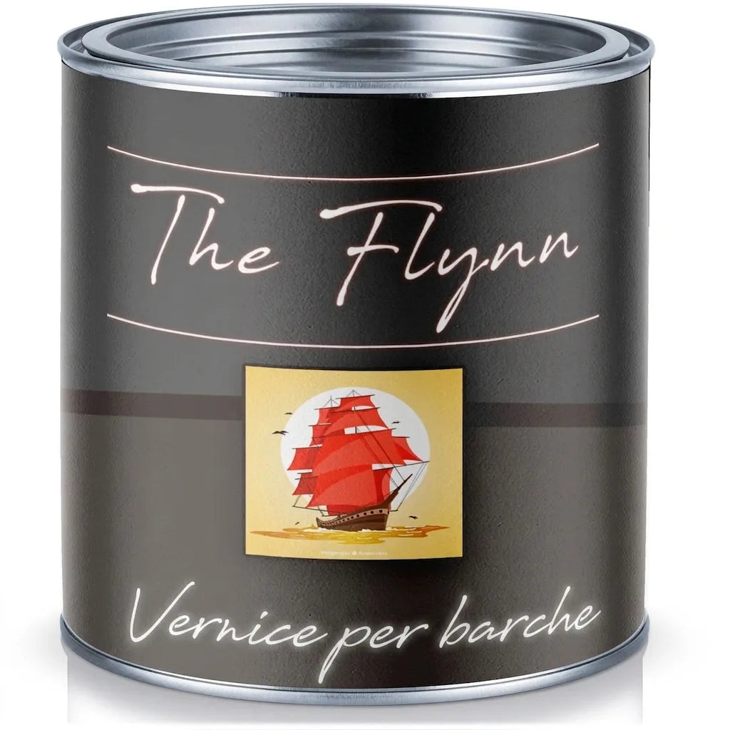 Lattina di vernice The Flynn Bootslack con illustrazione di nave a vela rossa.