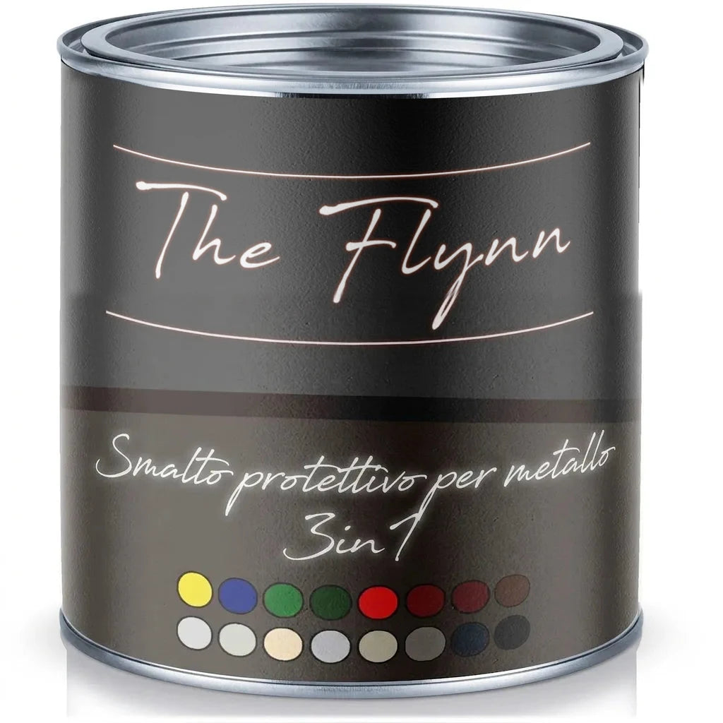 Lattina di vernice protettiva per metallo nera The Flynn 3in1 con palette colori.