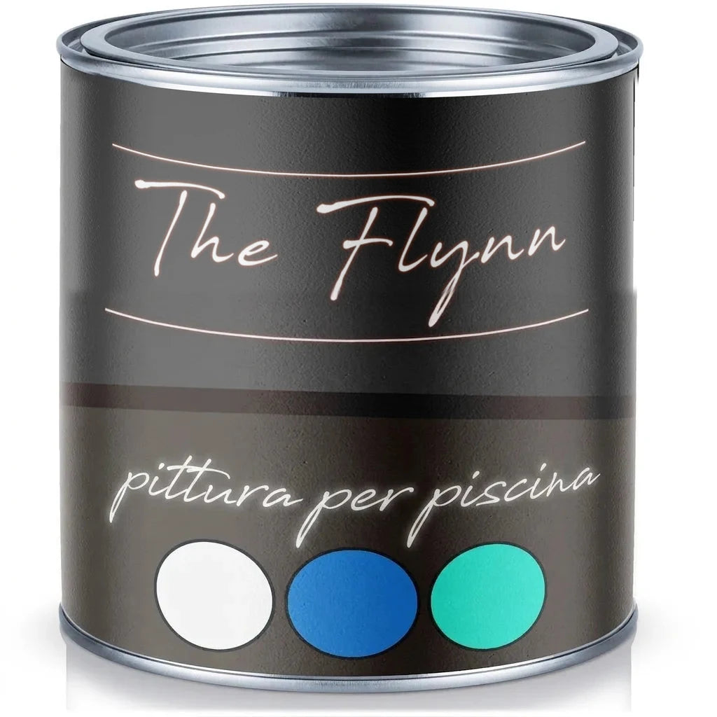 Lattina di vernice nera The Flynn per piscine con campioni colori bianco, blu e verde acqua.