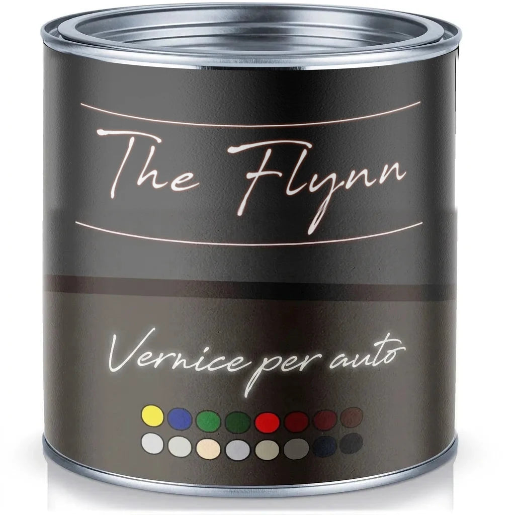 Barattolo di vernice per auto The Flynn Autolack con campioni di colore.