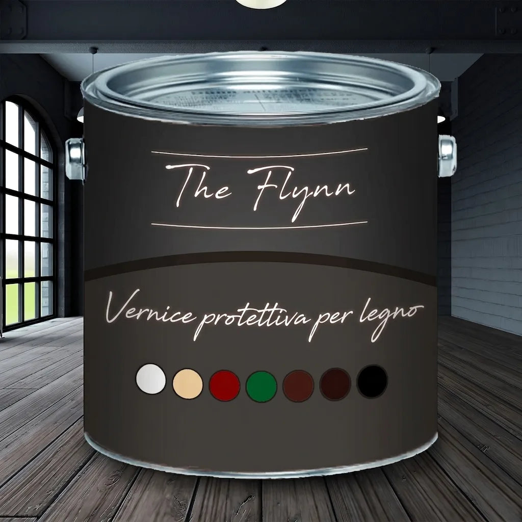 Lattina di vernice protettiva per legno The Flynn, con campioni colore bianco, rosso, marrone, nero, in ambiente industriale.