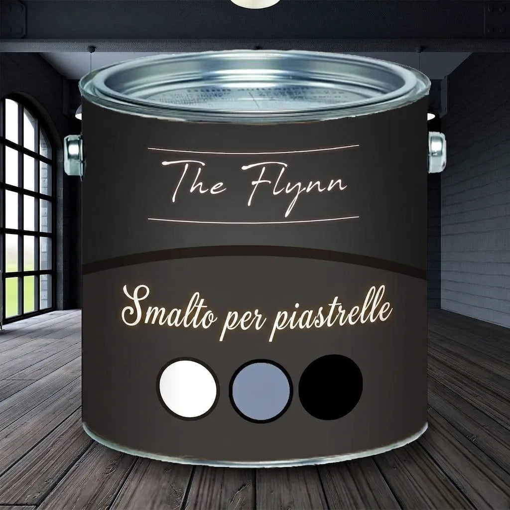 Barattolo di vernice 'The Flynn Fliesenlack' in nero, con campioni colore bianco, blu e nero.