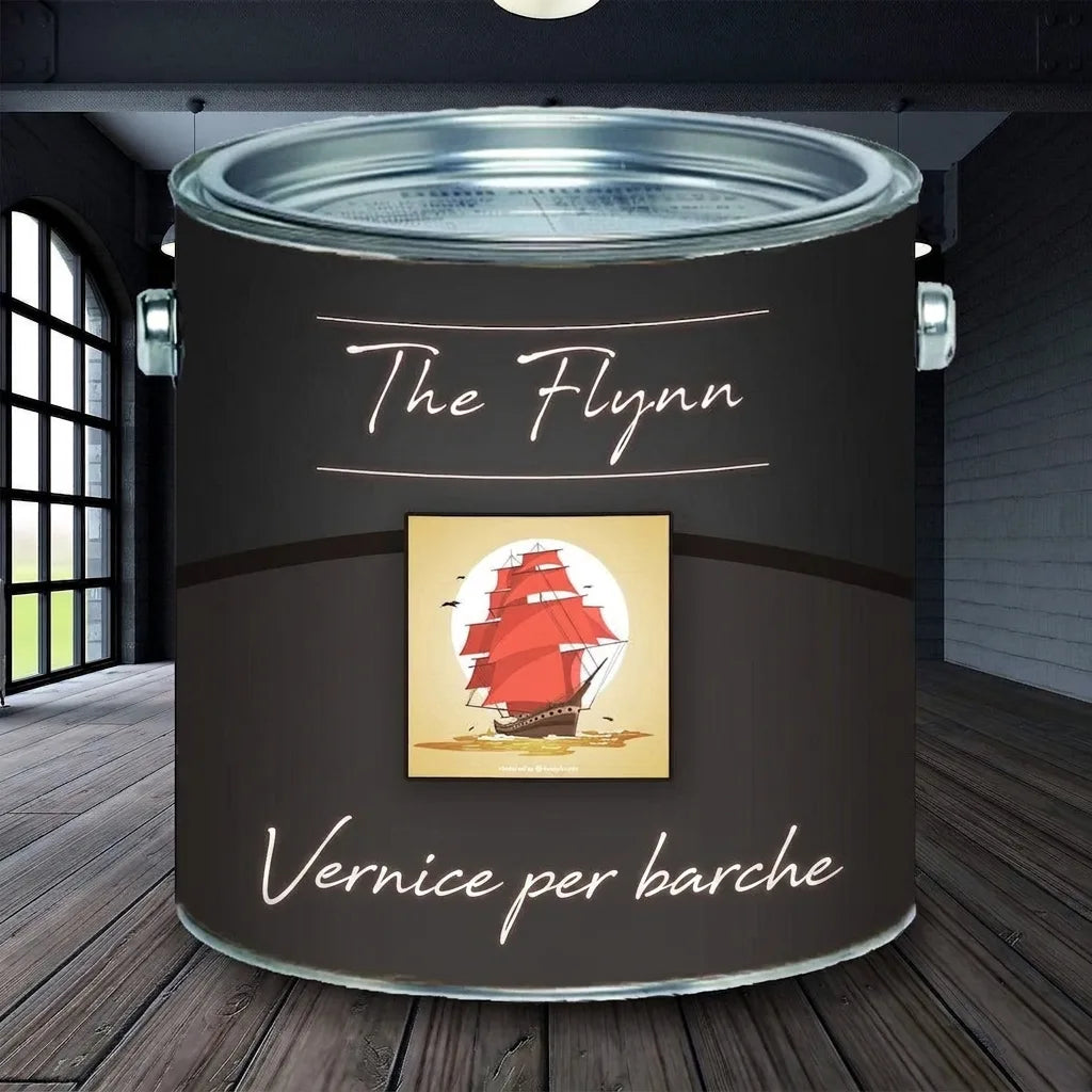 Lattina di vernice nera 'The Flynn Bootslack' con veliero rosso, su pavimento in legno.