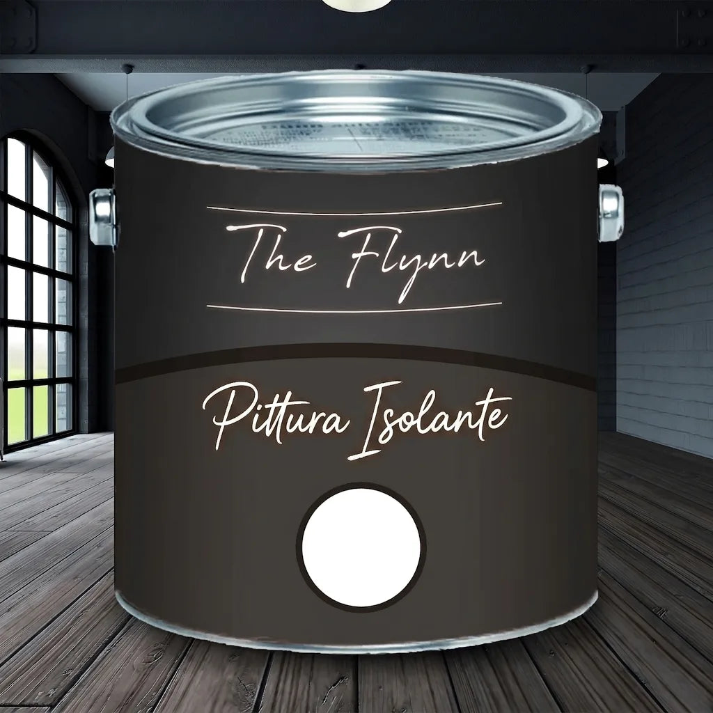 Lattina di vernice isolante grigio scuro con etichetta "The Flynn Isolierfarbe" in un ambiente industriale.