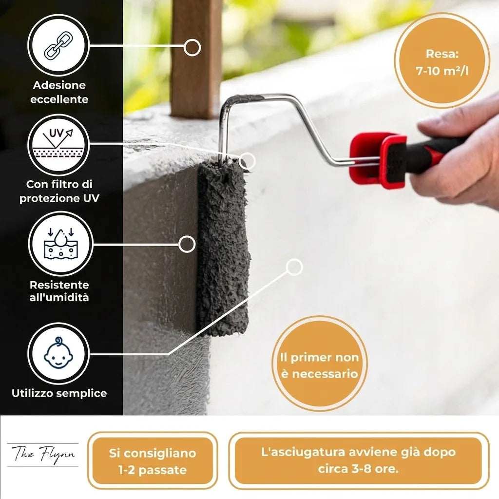 Rivestimento impermeabilizzante con rullo su cemento. Dettagli: ottima aderenza, UV, resistente umidità, senza primer.