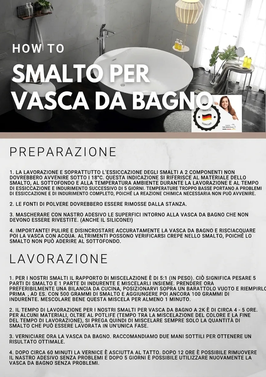 Istruzioni dettagliate in tedesco su come verniciare una vasca da bagno, con immagini di un bagno moderno.