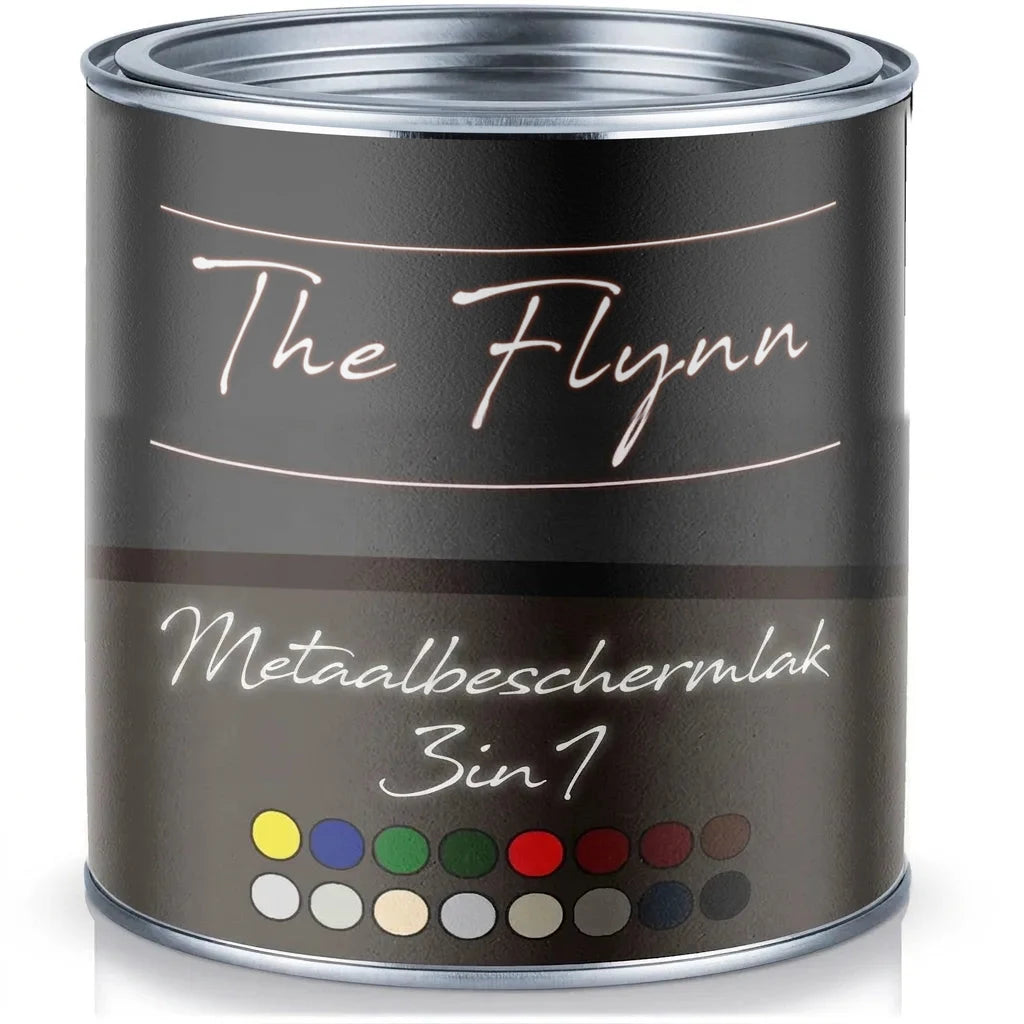 Blik The Flynn 3-in-1 metaalbeschermlak in verschillende kleuren, waaronder geel, blauw, groen, rood en bruin.