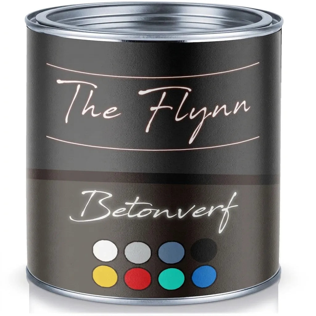 Zwart verfblik met het opschrift 'The Flynn Betonfarbe' en kleurstalen voor betonverf in diverse kleuren.