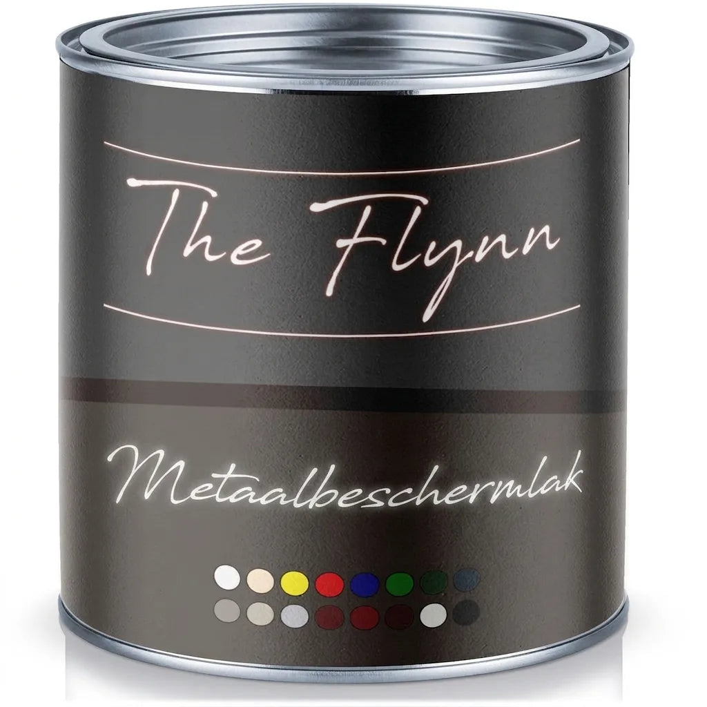 Donkergrijs verfblik The Flynn metaalbeschermingslak met diverse kleuropties.