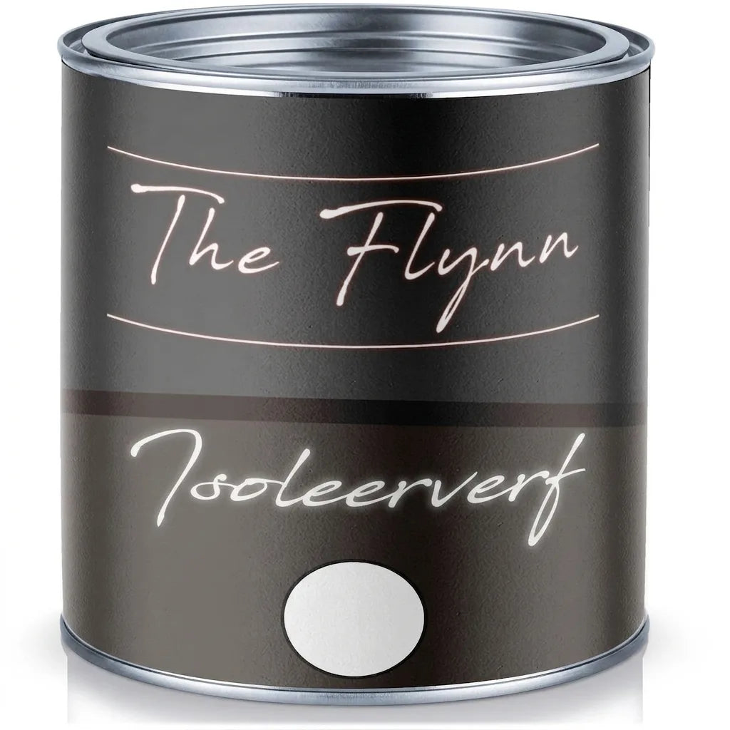 Een zwart metallic verfblik met witte tekst 'The Flynn Isolierfarbe' en een wit kleurstaaltje.