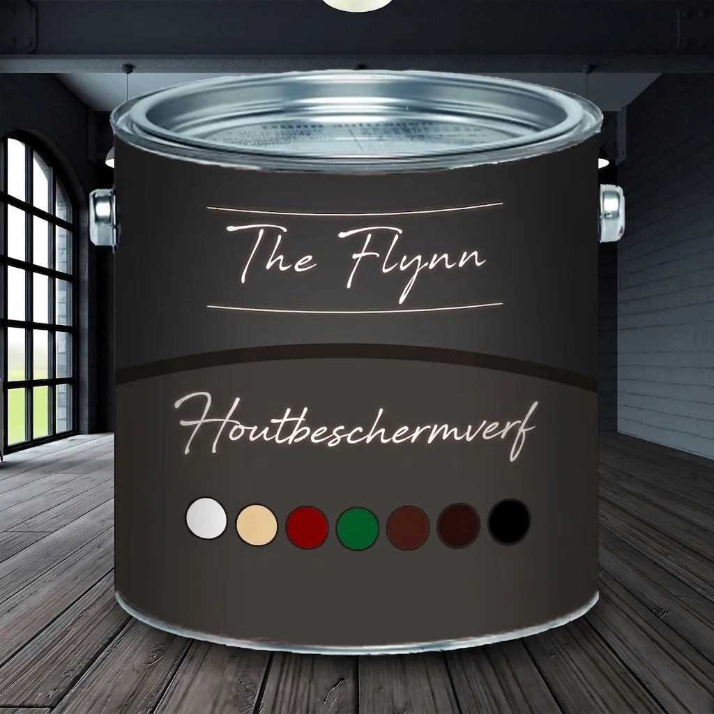 The Flynn houtbeschermingsverf blik met diverse kleurstalen in een industriële loftruimte.