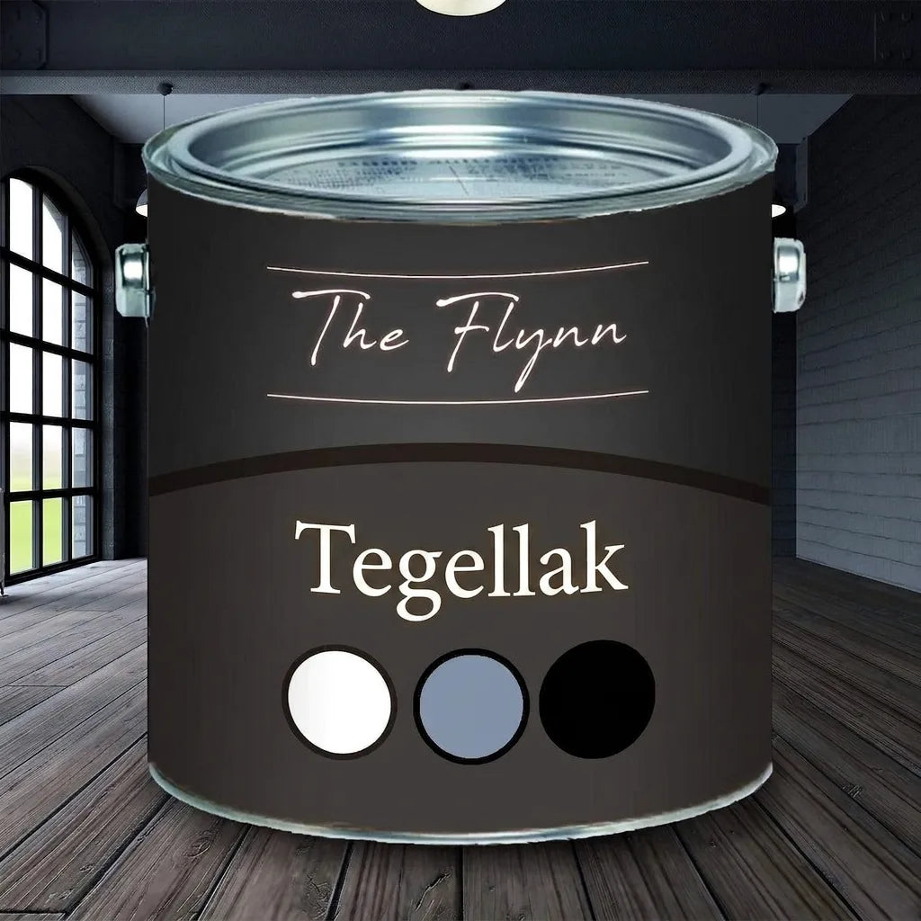 Verfblik The Flynn Fliesenlack voor tegels, donkergrijs/zwart, met kleurstalen wit, blauwgrijs en zwart.