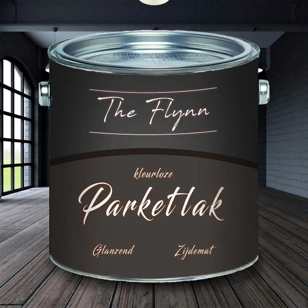 Een blik The Flynn kleurloze parketlak voor houten vloeren, verkrijgbaar in glanzend of zijdemat.