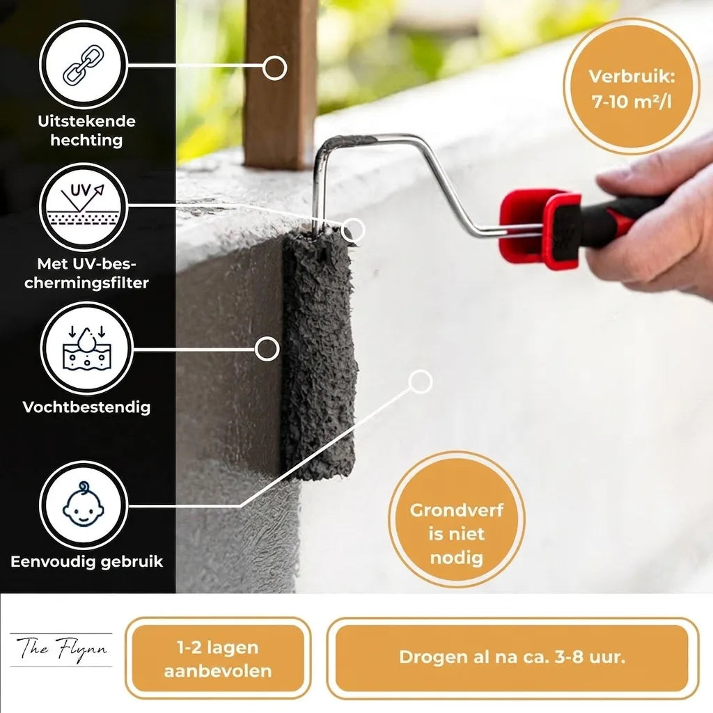 Man brengt donkergrijze coating aan op beton. Productkenmerken: hechting, UV-bescherming, vochtbestendig, makkelijk.