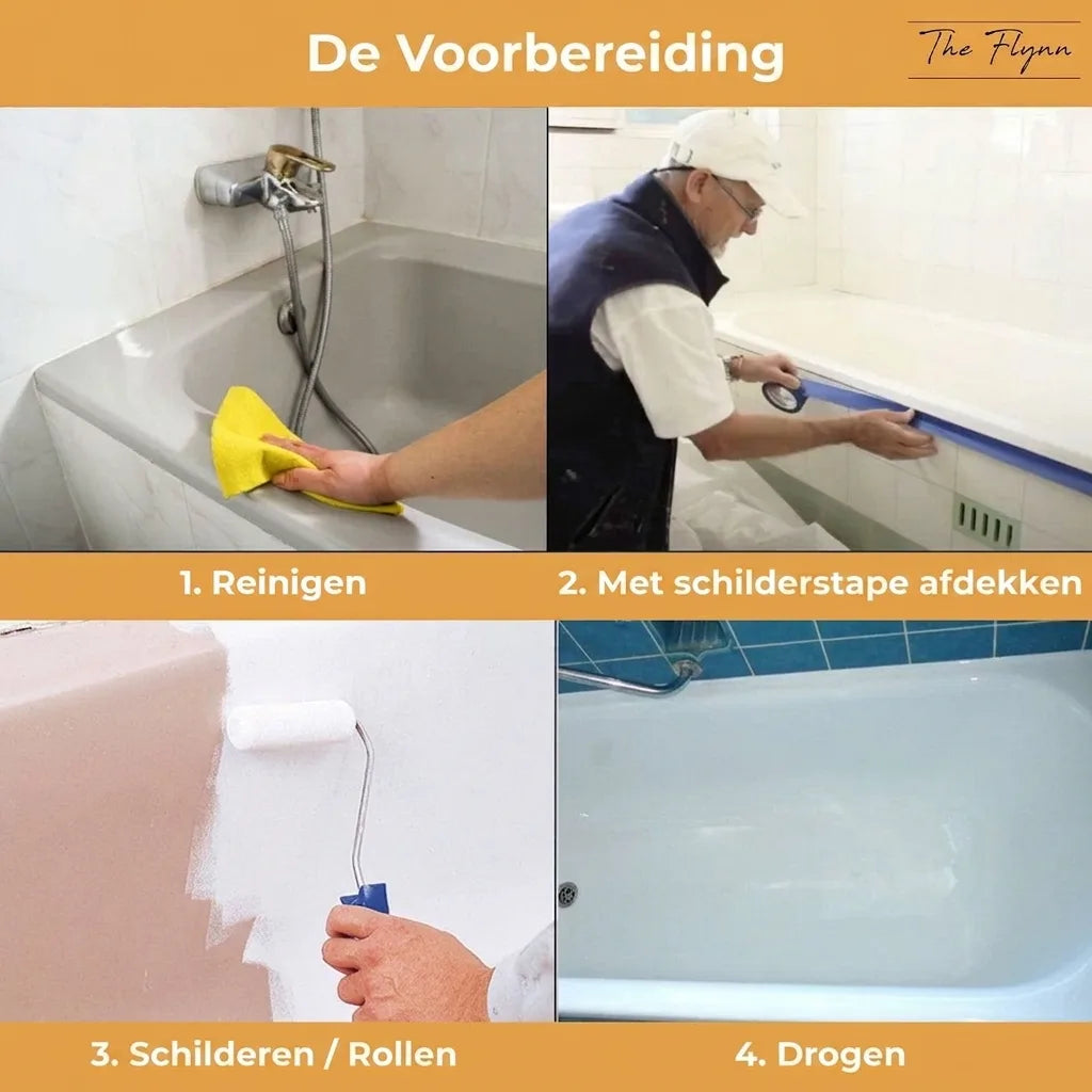 Stapsgewijze handleiding: badkuip reinigen, afplakken, schilderen en laten drogen voor een nieuwe look.