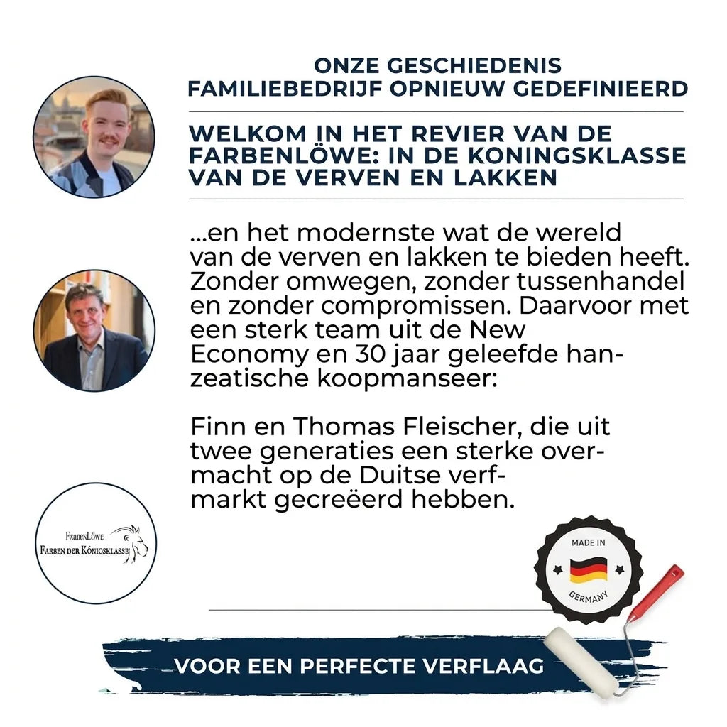 Promotiepagina Farbenlöwe: Duits familiebedrijf van Finn & Thomas Fleischer voor hoogwaardige verf en lak.