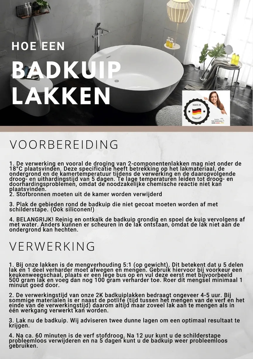 Instructies voor het schilderen van een badkuip met gedetailleerde stappen voor voorbereiding en applicatie.