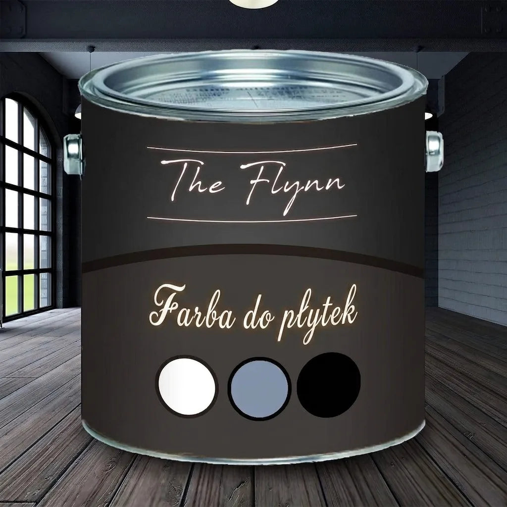 Puszka farby 'The Flynn Fliesenlack' (lakier do płytek) w kolorach białym, szarym i czarnym w nowoczesnym wnętrzu.