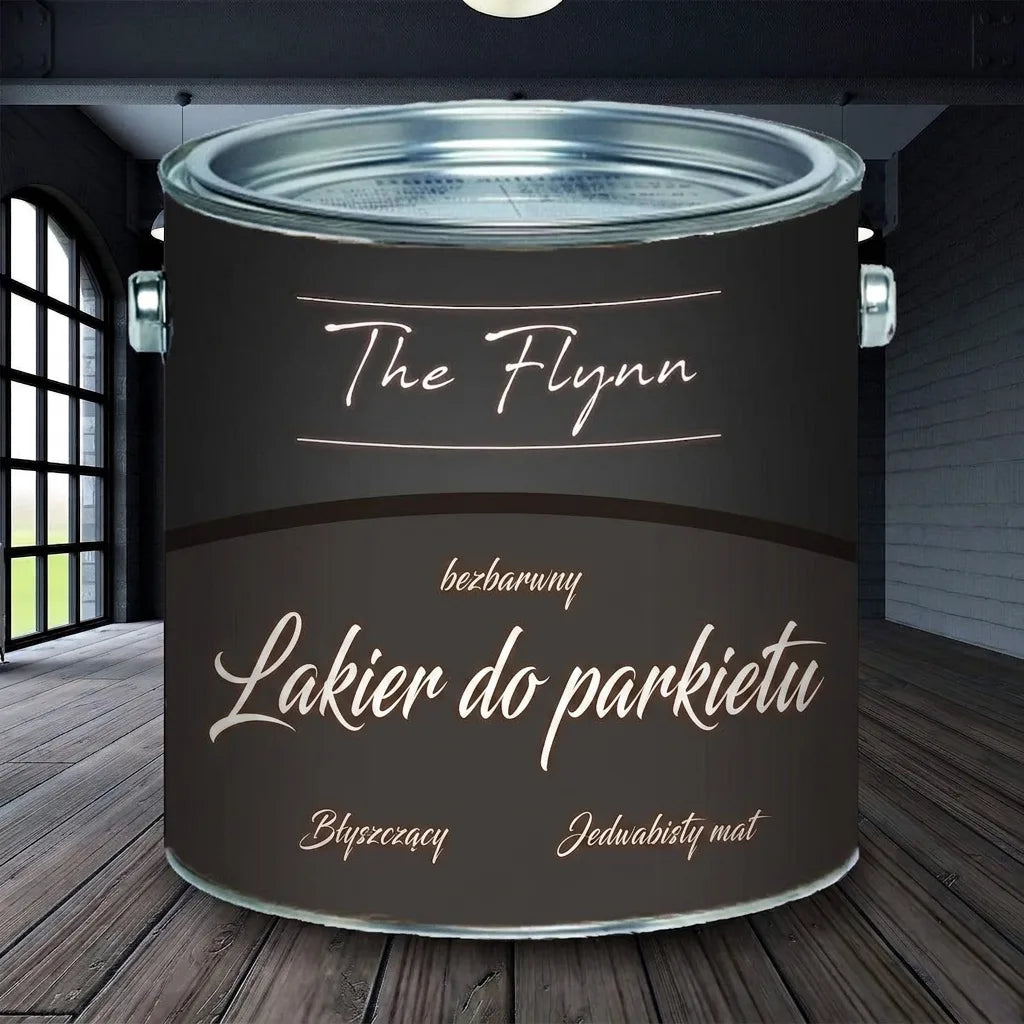 Puszka bezbarwnego lakieru do parkietu The Flynn, błyszczącego lub jedwabisto-matowego, na drewnianej podłodze.