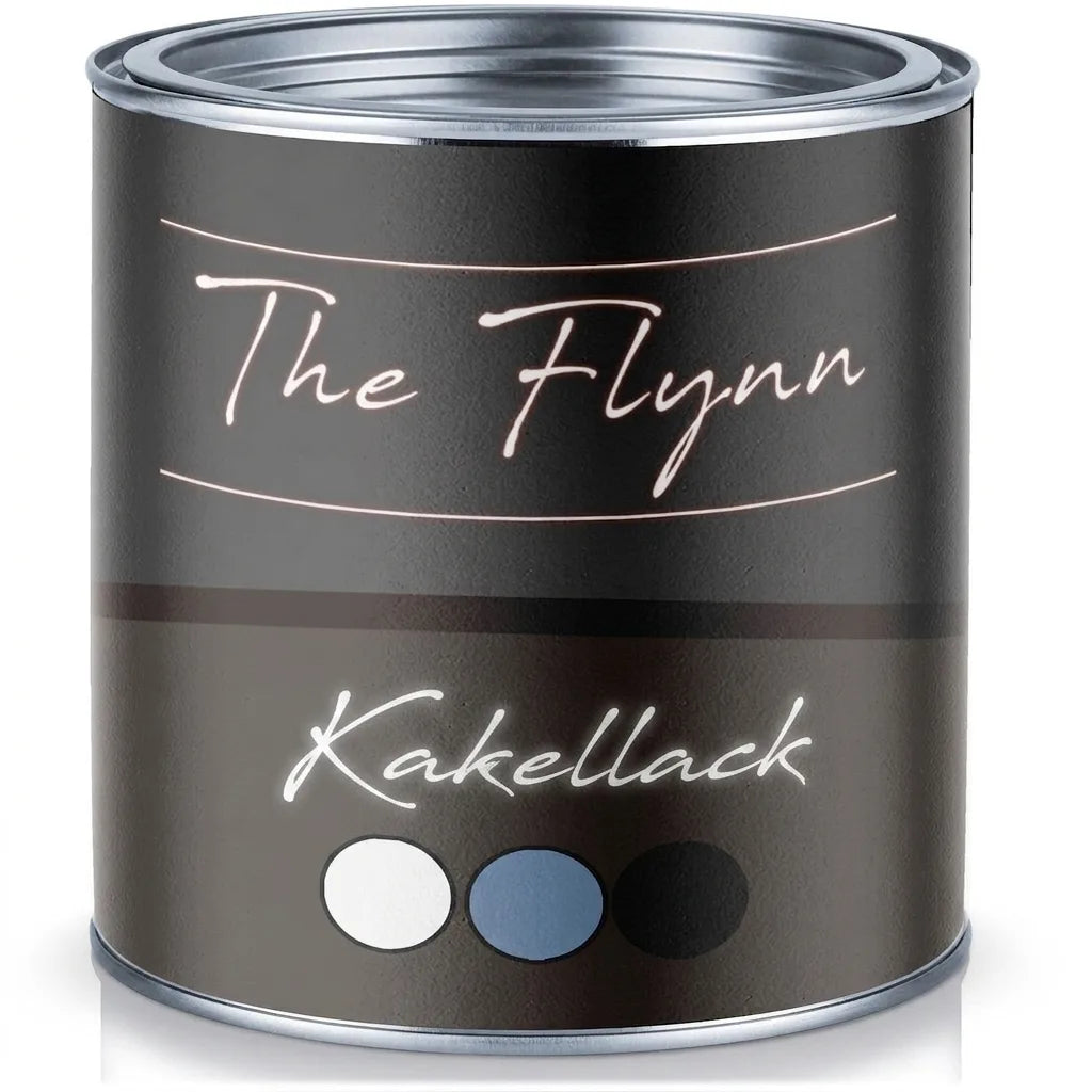 The Flynn kakelfärg i burk med färgprover i vitt, blått och svart.