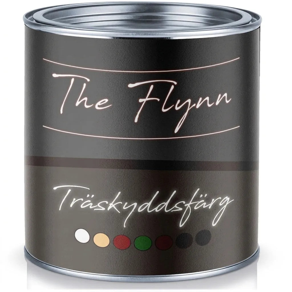 Färgburk med träskyddsfärg från The Flynn, med olika färgprover i vitt, gult, rött, grönt och brunt.