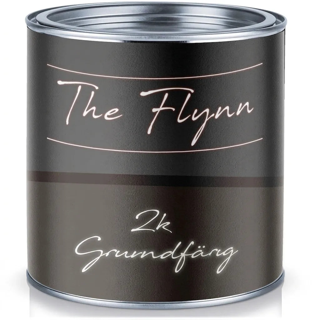 Mörkgrå 2k grundfärg i burk. Märkt 'The Flynn' och '2k Grundierung'.