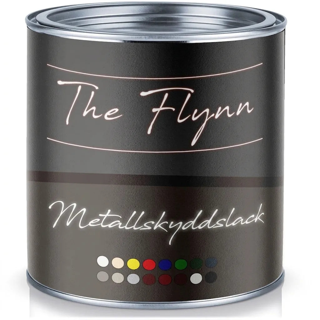 Burk med The Flynn metallskyddslack i olika färger som vit, beige, gul, röd, blå, grön, grå och svart.