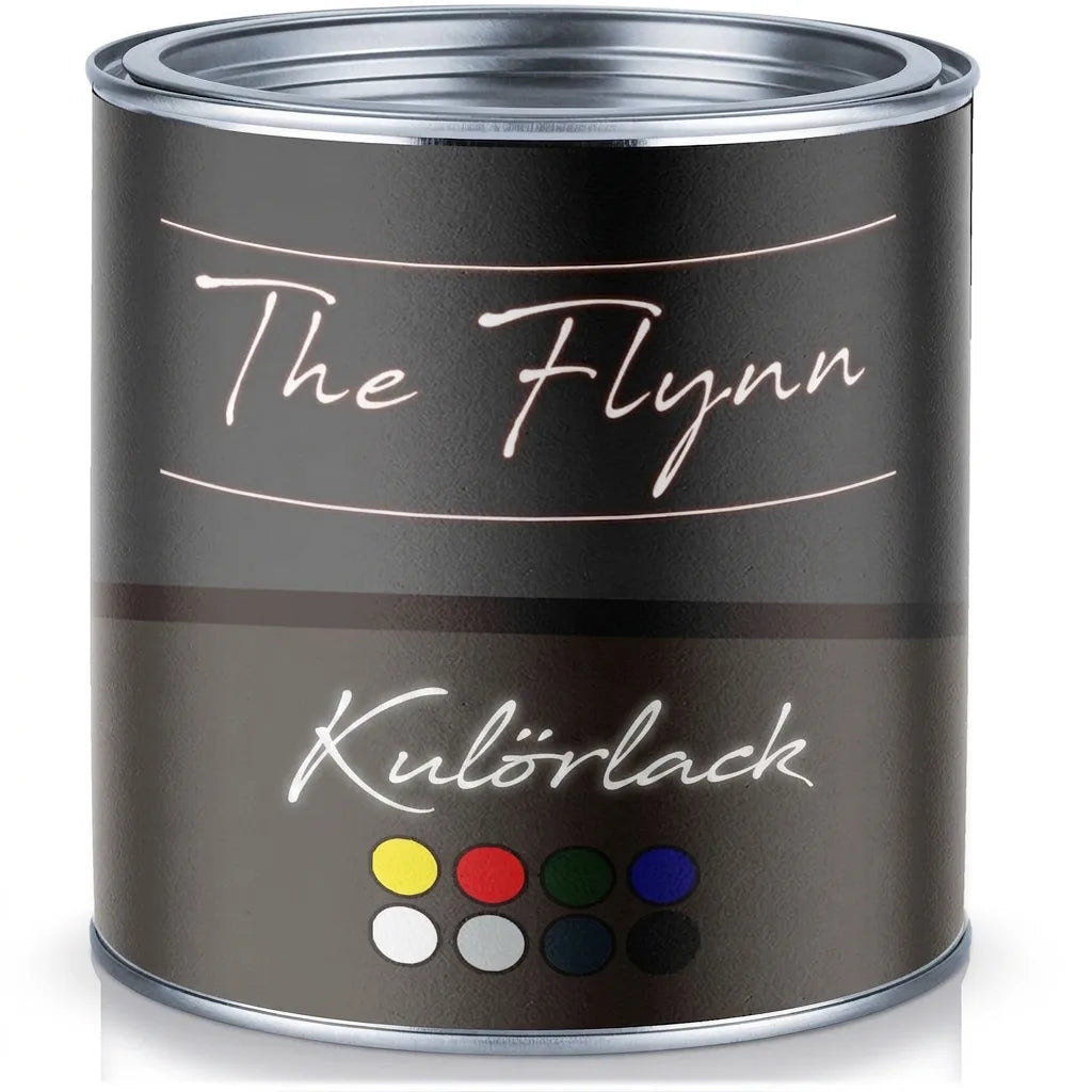 En mörkgrå färgburk med texten "The Flynn Buntlack" och små färgprover på etiketten.