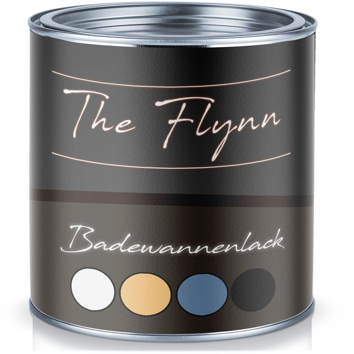 Svart färgburk med The Flynn badkarsfärg. Fyra färgprover i vitt, gult, blått och svart.