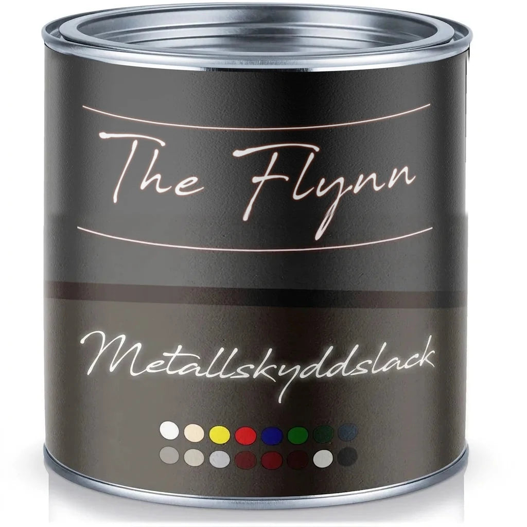 Burk med The Flynn metallskyddslack i olika färger som vit, beige, gul, röd, blå, grön, grå och svart.